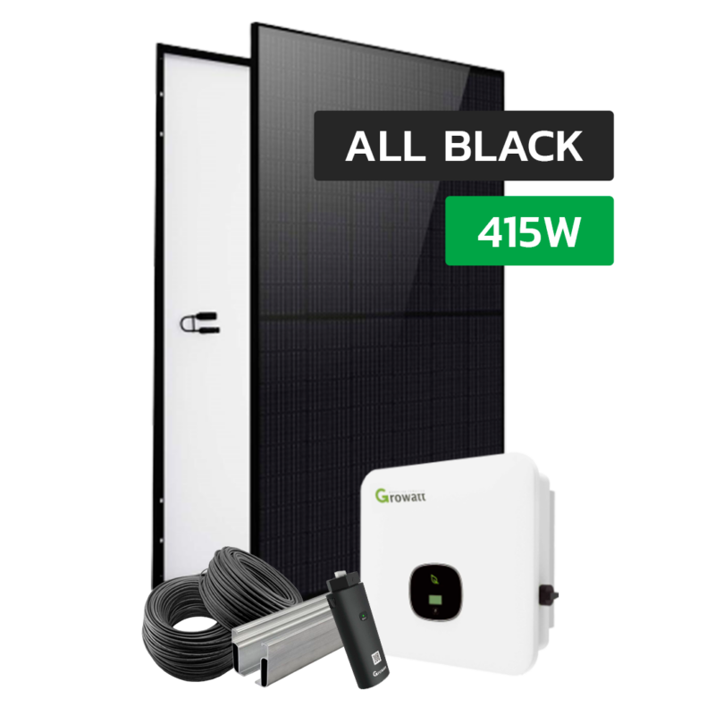 10,37kwp Growatt solcelleanlæg med 415w all black paneler, installationskabler, Growatt inverter, montagesystem og wifi-modul