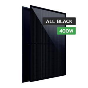 To 400w all black ASTRO solcellepaneler i fuld størrelse vist fra fronten og bagsiden
