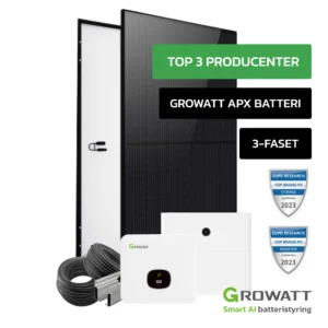 Komplet 15 kWp Growatt Hybrid solcelleanlæg med 5 kWh batteri til alle tagtyper